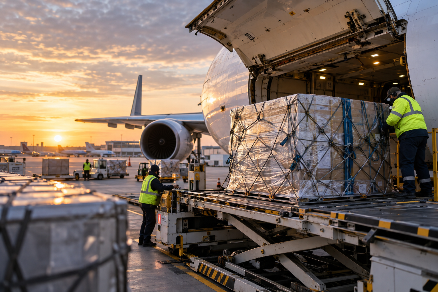 Freight pallets loaded into the lower cargo hold of a widebody passenger aircraft